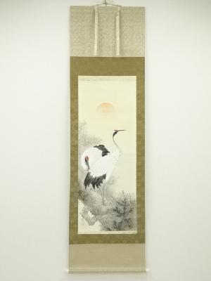 佐野硯水筆　杉上双鶴図　肉筆絹本掛軸（共箱）